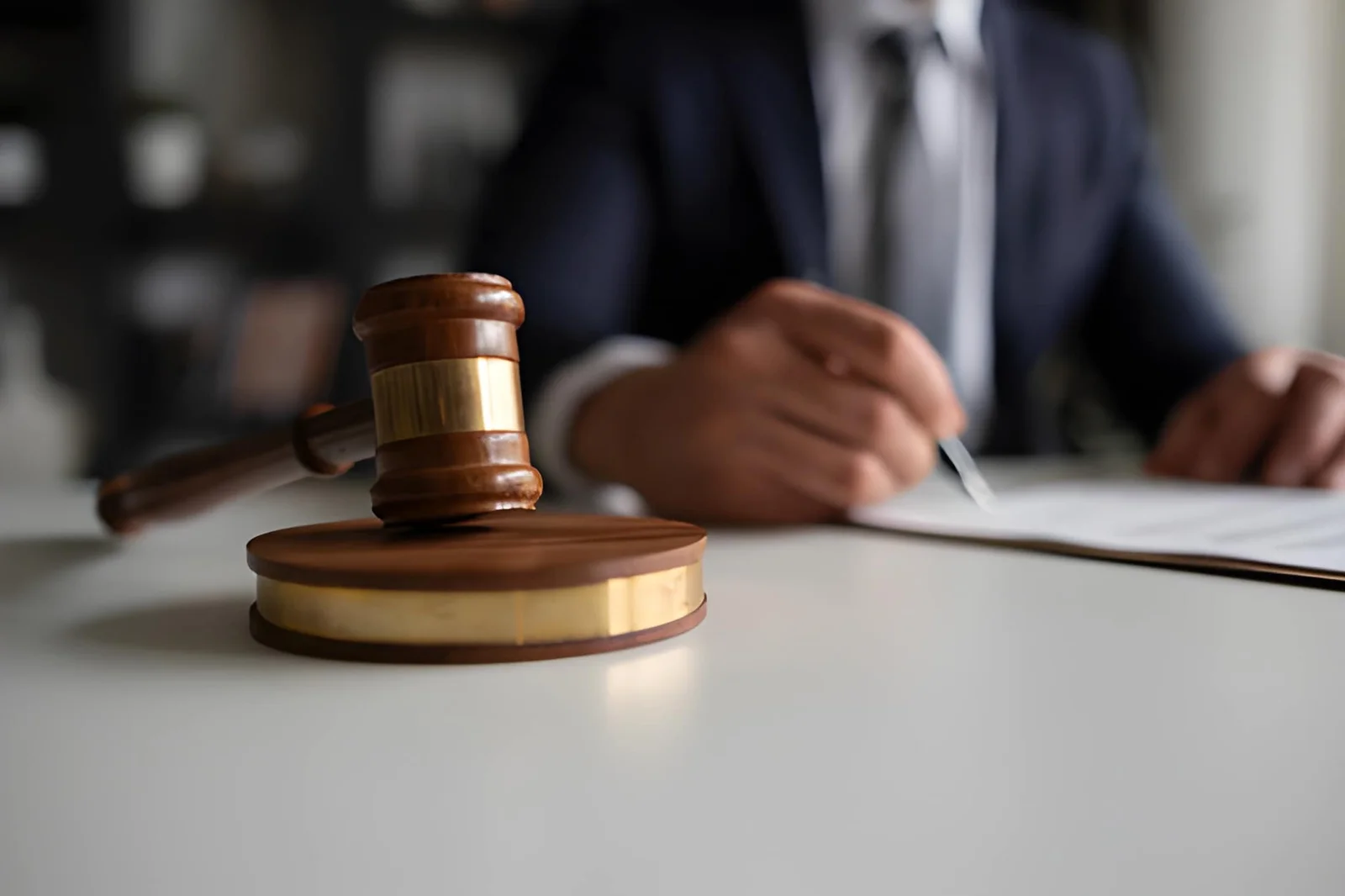 法槌置于桌面，背景中的刑事辩护律师正在查看案件文件