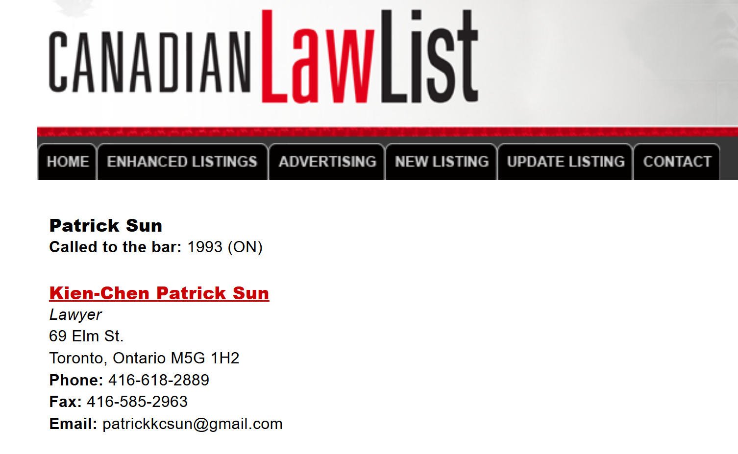 Canadian Law List 显示 Patrick Sun 于1993年获准在安大略省执业