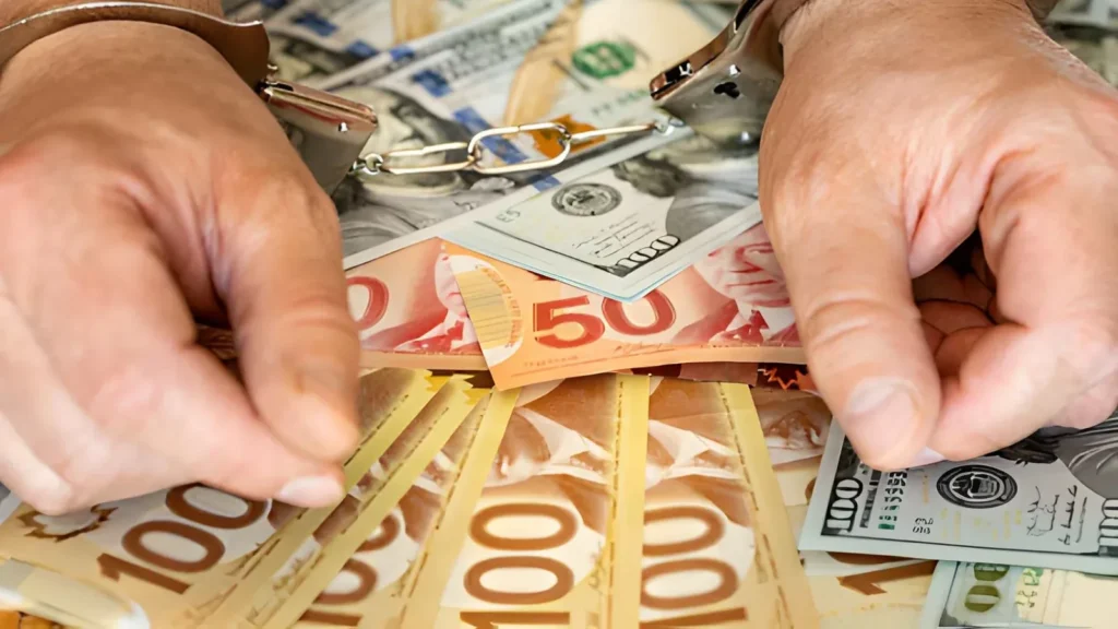 多伦多Fraud欺诈指控:戴手铐的双手按在加元与美元现钞上